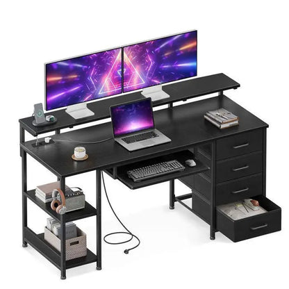 Coleshome Desk with 4 Drawers, 140X52X92Cm Computer Desk with Power Outlet and USB Charging, Gaming Desk Desk Table with Adjustable Shelves for Home, Black