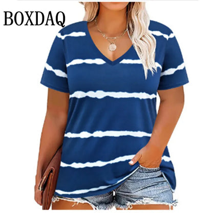 Summer Women Plus Size T Shirts Classic Black White Stripes V-Neck Short Sleeve Tunic Tops Loose Casual Women Tee Shirt 7XL 8XL