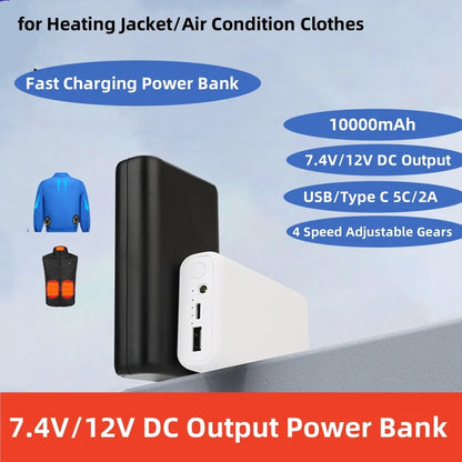 Power Bank 10000mAh 12V DC Output For Heating Cool Vest Jacket Portable Charger for iPhone 16 Samsung Powerbank External Battery