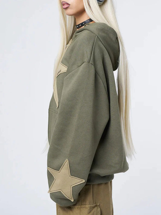Y2K Vintage Stjärntryck Hoodiemantel med Dragkedja för Kvinnor