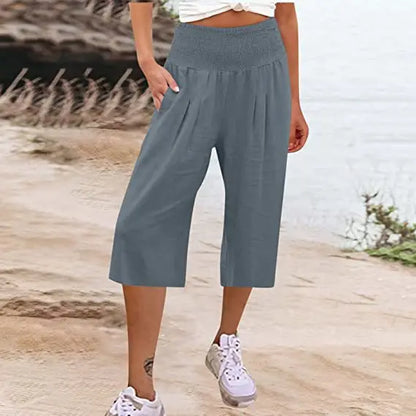 Summer 2024 Amazon Eurn women's cross-border cotton hemp seven waist pocket pocket pocket pocket wide leg pants woman