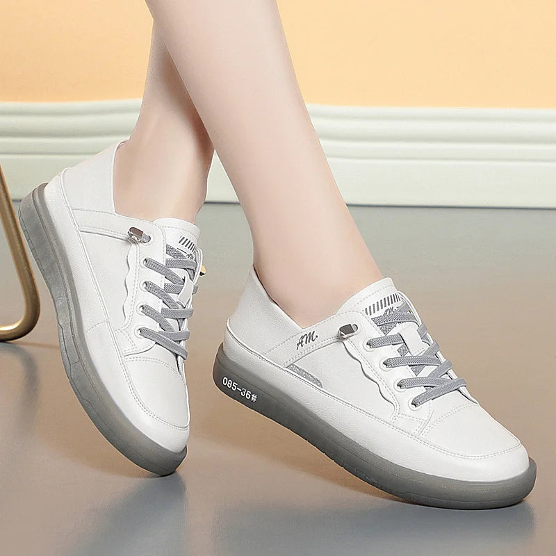 Dam sneakers i mjukt läder med snörning – Andningsbara, vulkaniserad, låg klack, sommar, storlek 35–40, 3 färger