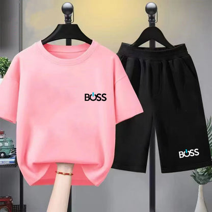 Child T-shirt Summer Short Sleeve Print Children Age 3-12 Girls boy Set white black Tshirt+Shorts 2pcs leisure fashion Kids Set