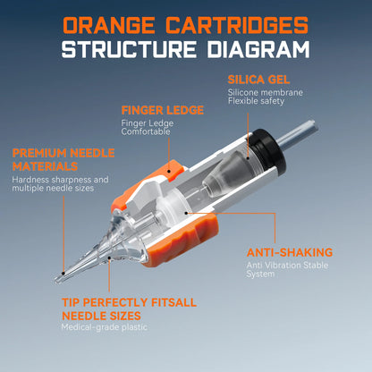 DM 20PCS Orange Cartridge Tattoo Needles RL RS RM M1 Disposable Sterilized Safety Tattoo Needle for Cartridge Machines Grips