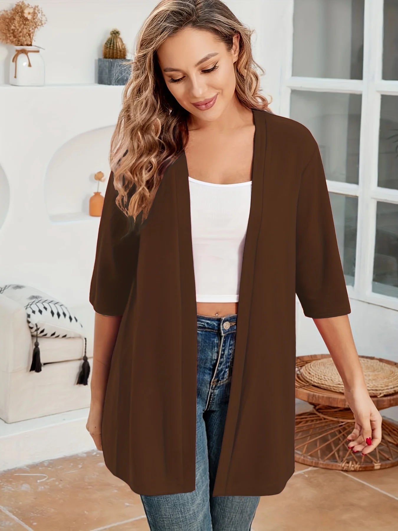 Dam Plus Size Elegant Kofta – Halvlång 3/4-ärm Hög Stretch Öppen Casual Höst/Vinter, 9 Färger XL–4XL