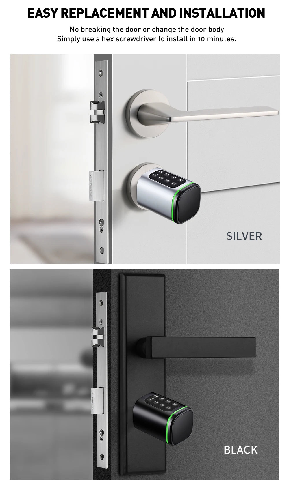 TTlock APP Control Smart Lock, Electronic Password Lock, Adjustable Length Smart Lock, Electronic Lock with RFID Card Application, Bluetooth, 60-90mm Silver,Simple Access for Relatives and Guests