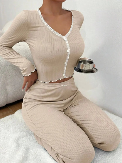 Dam Pyjamas 2-delat Set Höst & Vinter – Spets, Långärmad Loungewear, 4 Färger
