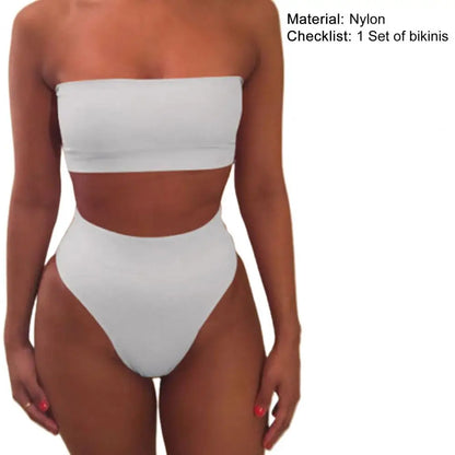 2025 Two-piece 	High Waist Bikini Set Solid Color Elastic Wireless Strapless Summer Lady Swimsuit Swimming Bathing Suit
