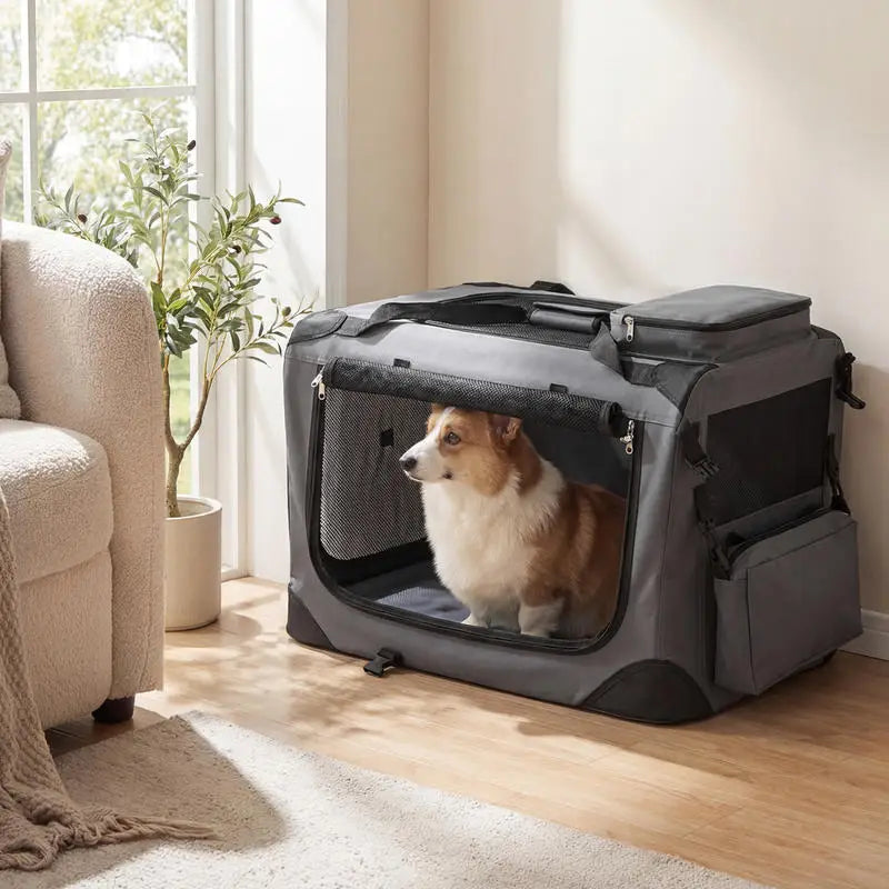 61/72/84/91cm Collapsible Soft Dog Crate with Mesh Windows for Small/Medium/Large Dogs and Cats-Grey-S