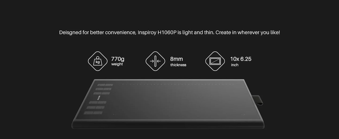 HUION Inspiroy H1060P Ritplatta – 8192 Trycknivåer Batterifri Penna 12 Snabbtangenter 10x6,25" Windows macOS Android Linux