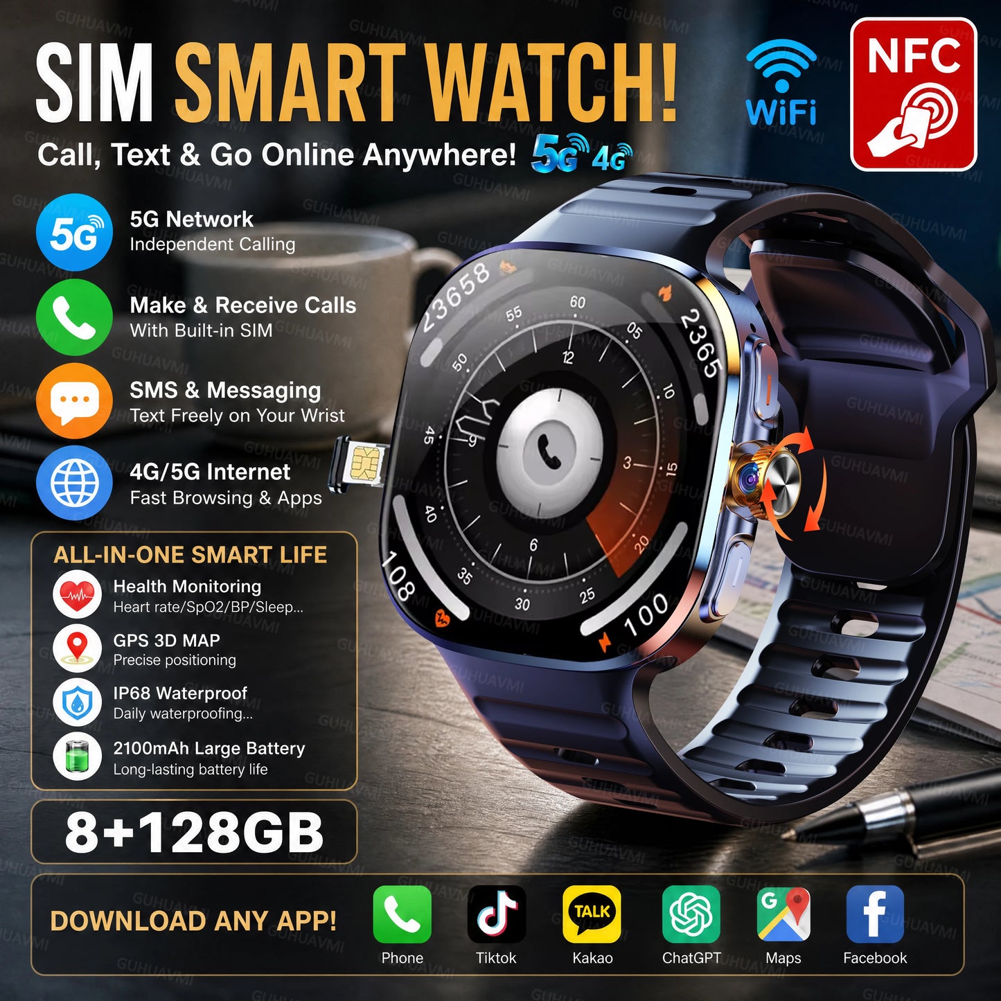 2026New 5G SIM Smart Watch 2.4" AMOLED 8+128GB GPS+NFC WIFI 1000W HD Camera IP68Waterproof Health Monitor Android Smartwatch Men