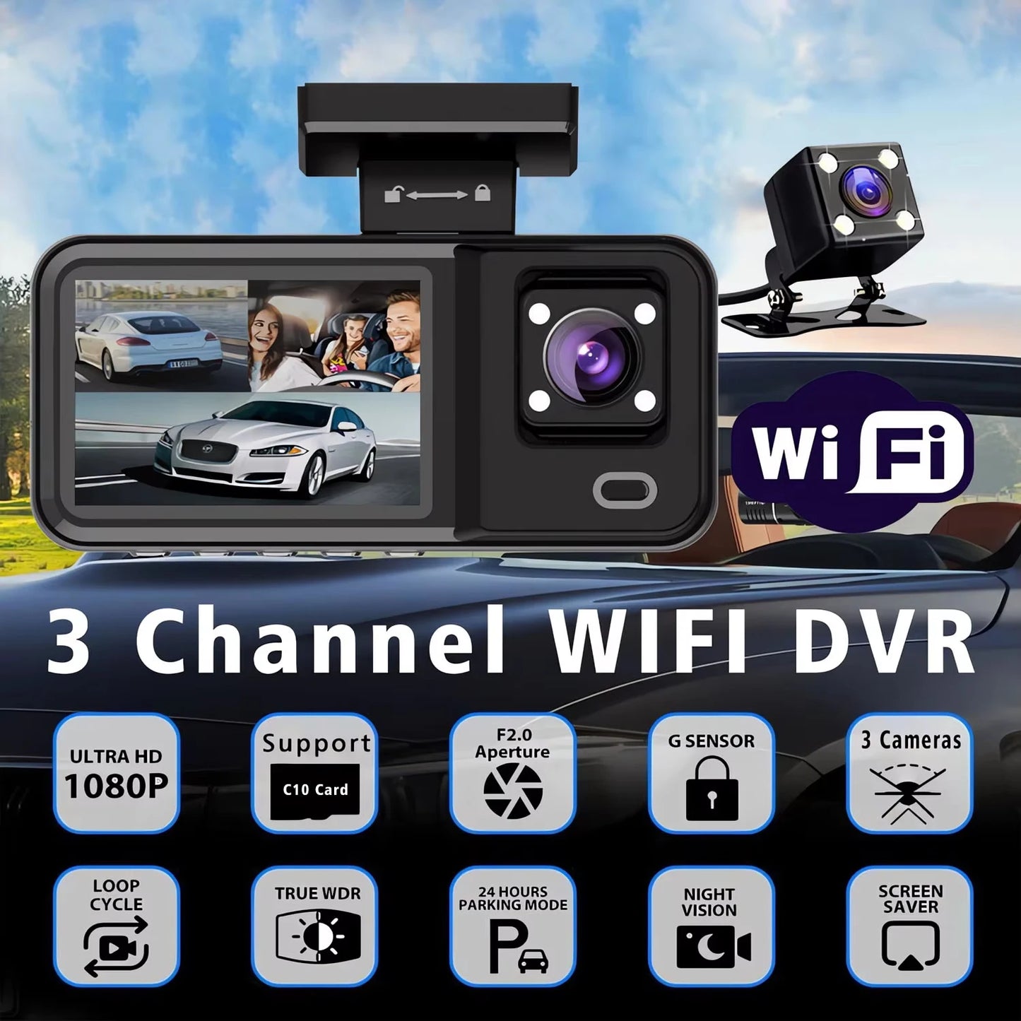 WIFI 3 Camera Dash Cam Cabin Car Dvr 1080P Interior Vehicle Three Way Channel Dvrs Recorder Video Registrator Dashcam Camcorder