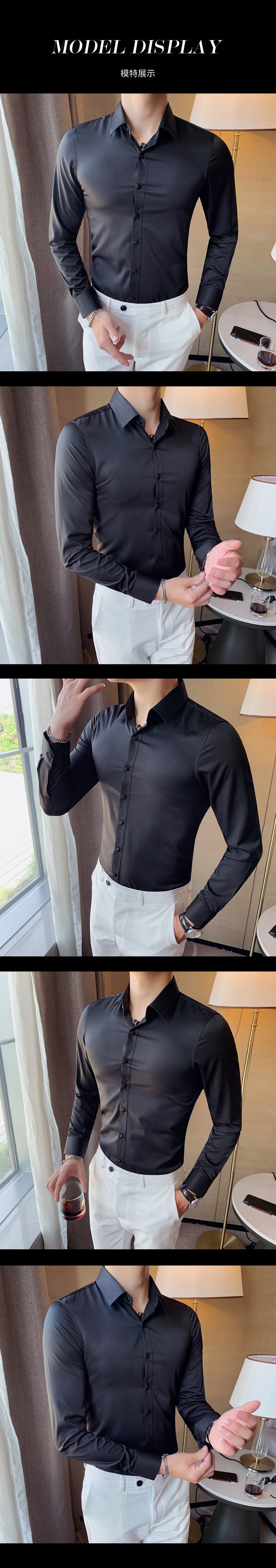 Boutique Fashion Solid Color Formal Wedding Dress Men's Long-sleeved Shirts Club Banquet Party Social Male Shirt