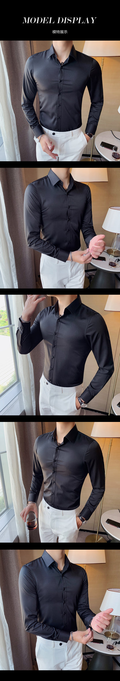 Boutique Fashion Solid Color Formal Wedding Dress Men's Long-sleeved Shirts Club Banquet Party Social Male Shirt