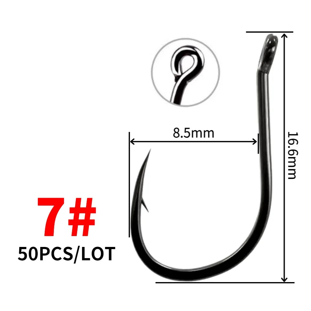 50PCS Single Circle Offset Fishing Hooks – High Carbon Steel Barbed for Carp Fly Fishing & Sea Tackle