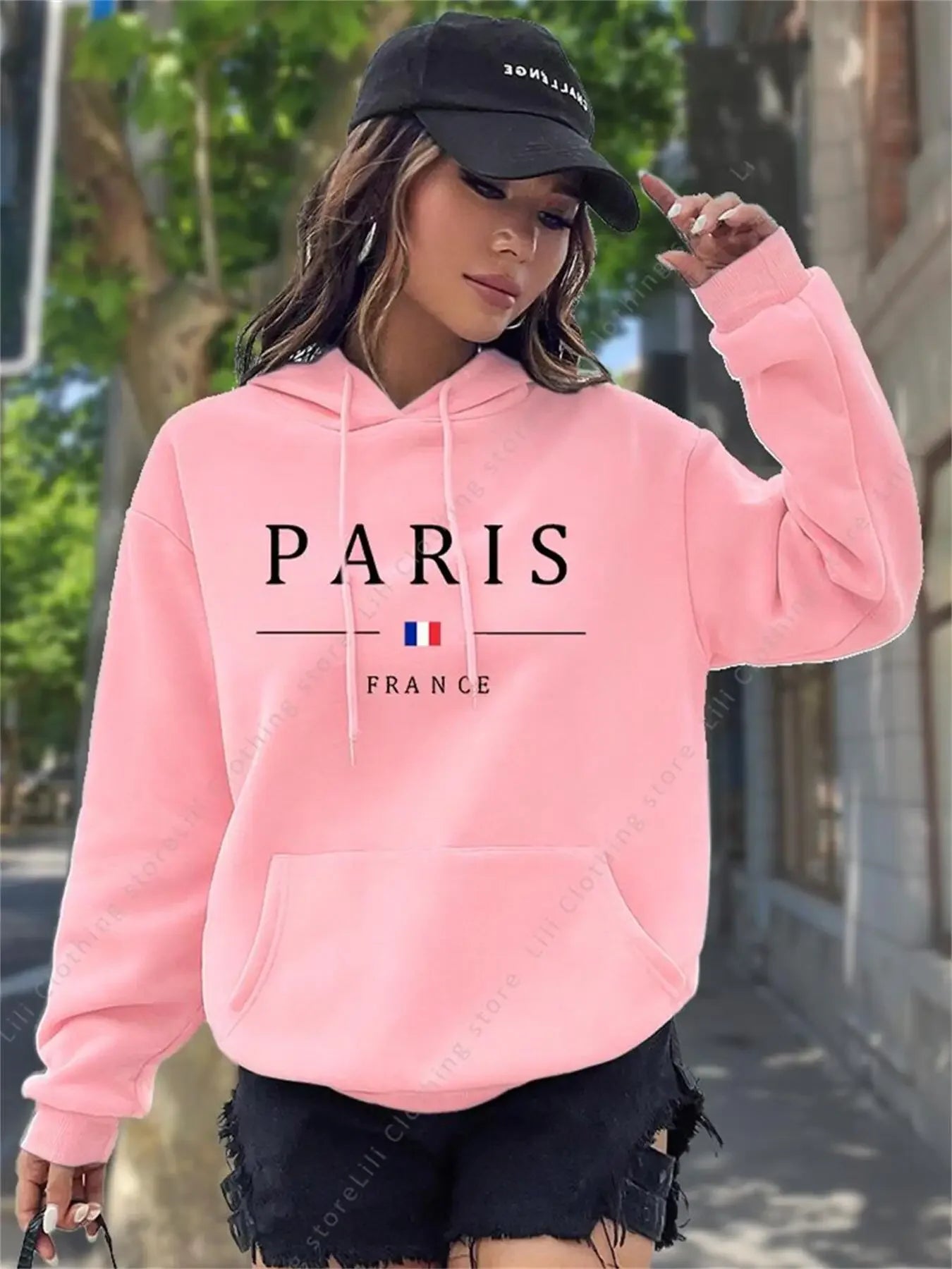 PARIS Graphic Letter Hoodies Women's Hooded Sweatshirt Pullover Top Aesthetic Y2K Street Sport Clothing Woman Hoodie PINK BLACK