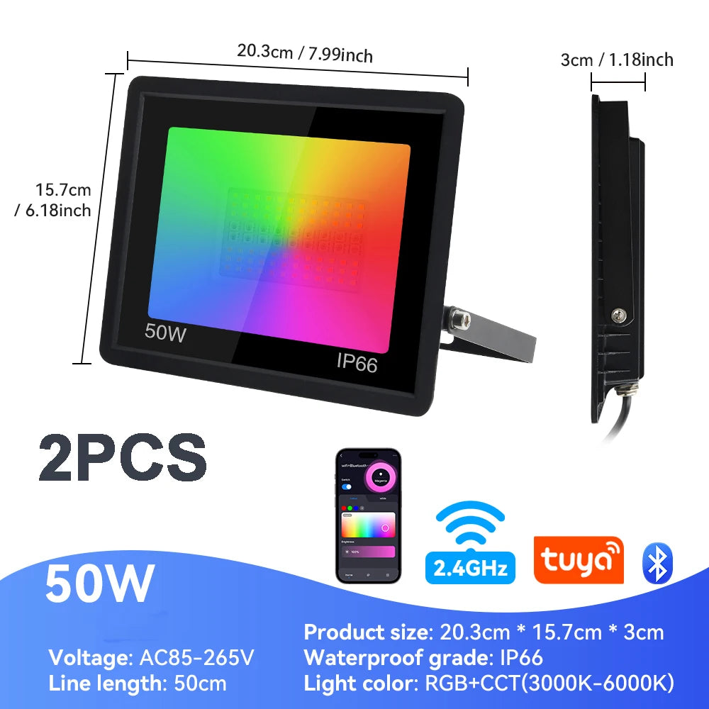 Tuya Smart RGB LED Strålkastare 100W – WiFi, App-styrd, RGB+CCT 3000–6000K, Vattentålig, EU-lager