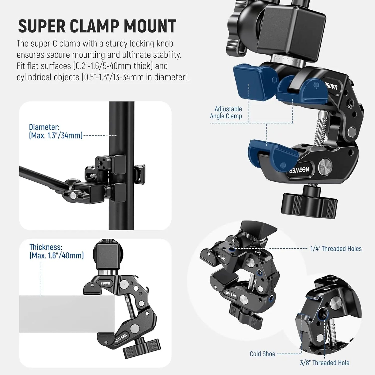 NEEWER 30" Articulating Magic Arm with Super Clamp/Action Cam Mount/Phone Holder For GoPro iPhone DSLR Webcam Microphone