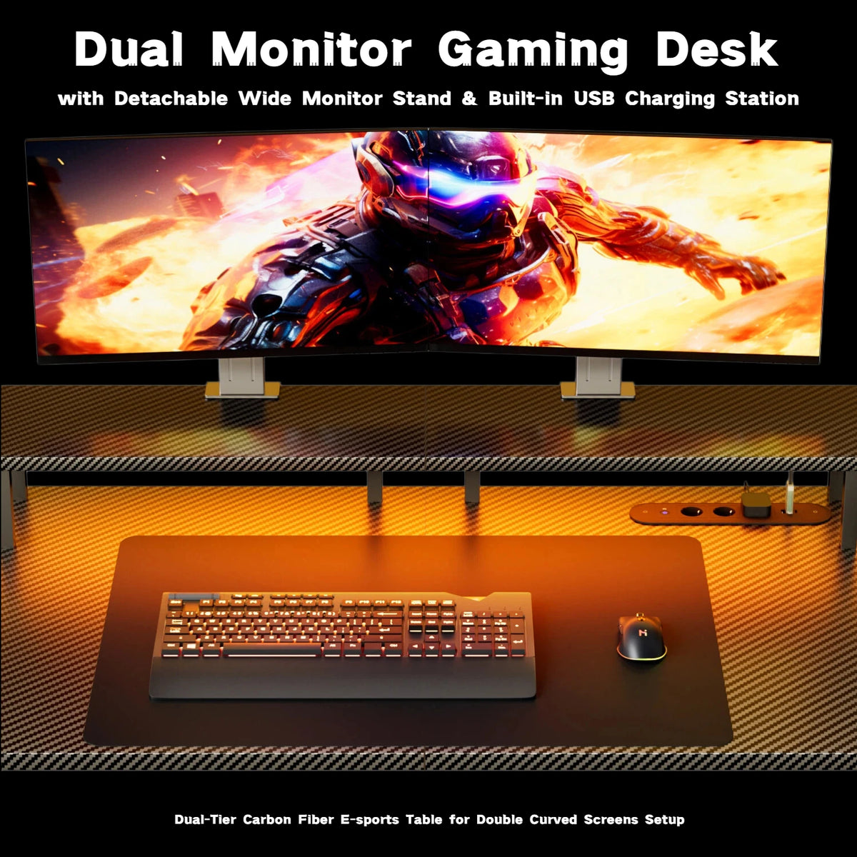 120/140/160CM Gaming Desk with LED Lights & Power Outlet, Ergonomic Carbon Fiber Computer Gamer Desk with Dual Monitor Stand,  Cup Holder & Headphone Hook, Home Office Gaming Table