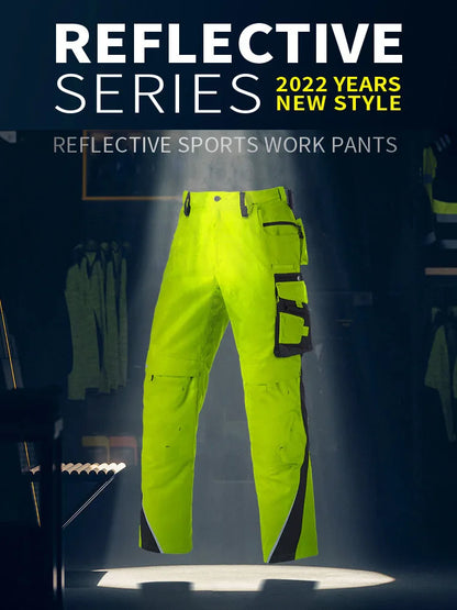 Men's Work Pants with Multi Pockets Two Tone Construction Pants with Reflective Stripes Cargo Pants Zipper Front Work Wear Pants