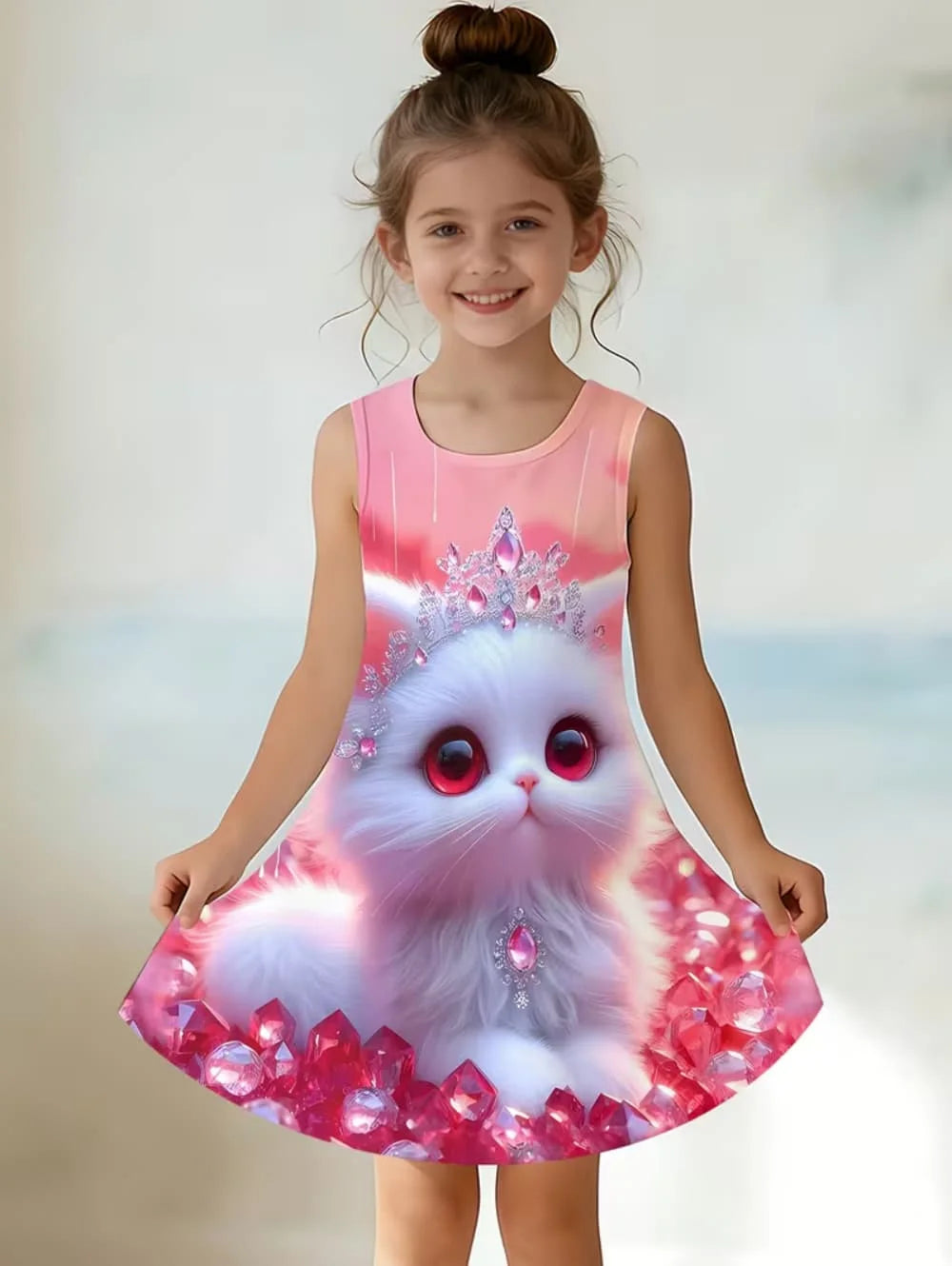 Girl Clothes Cartoon Cat Graphic Printed Girls' Princess Dress Summer Casual Dress for Girls Outfit O-Neck Birthday Gift Clothes