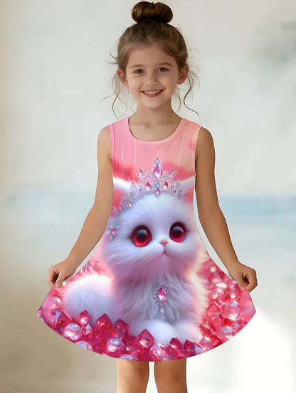 Girl Clothes Cartoon Cat Graphic Printed Girls' Princess Dress Summer Casual Dress for Girls Outfit O-Neck Birthday Gift Clothes