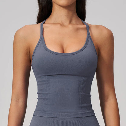 Summer New Yoga Vest Women Workout Crop Tops Cross Back Strap Fitness Bra Shockproof Sports Halter Workout Bra Push Up Yoga Vest