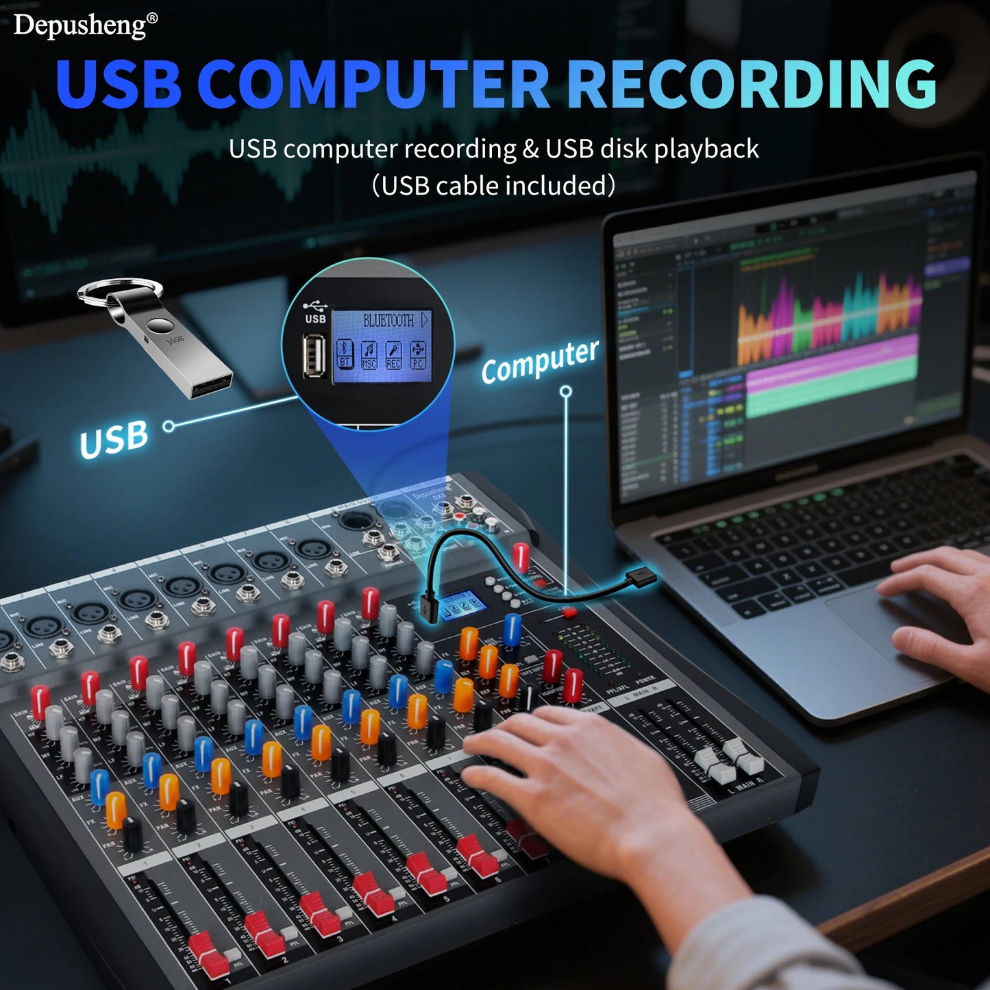 6/8/12/16 Channel Depusheng Audio Mixer Professional  Sound Board DJ Mixing Console System Interface USB MP3 Input Bluetooth 48V