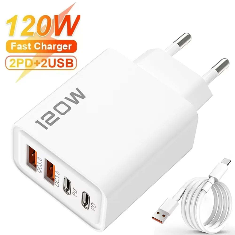 4-port USB-laddare med PD/QC3.0 – EU, US, UK och kabelvarianter