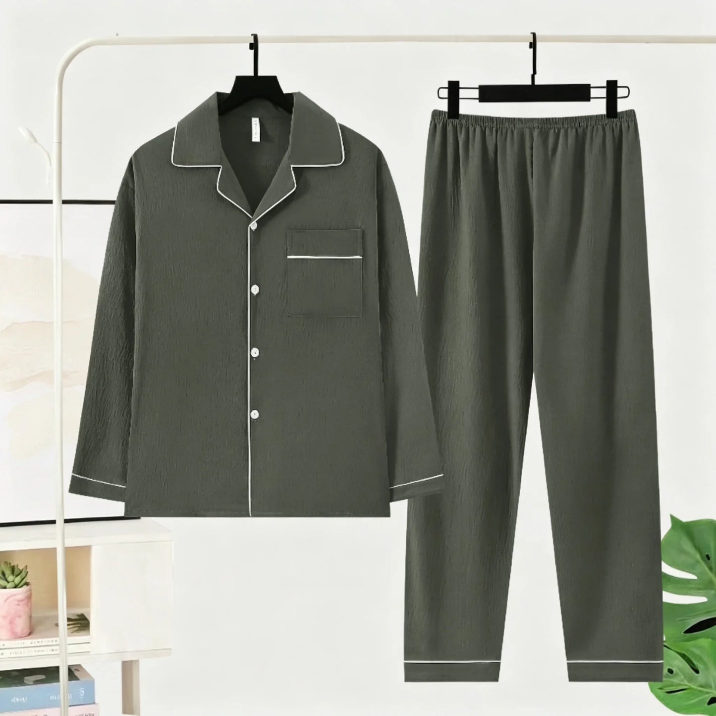 Herr Pyjamas Set Lyx Oversized – Långärmad Enfargad Mjuk Plus Size Höst 2026, 10 Färger L–5XL