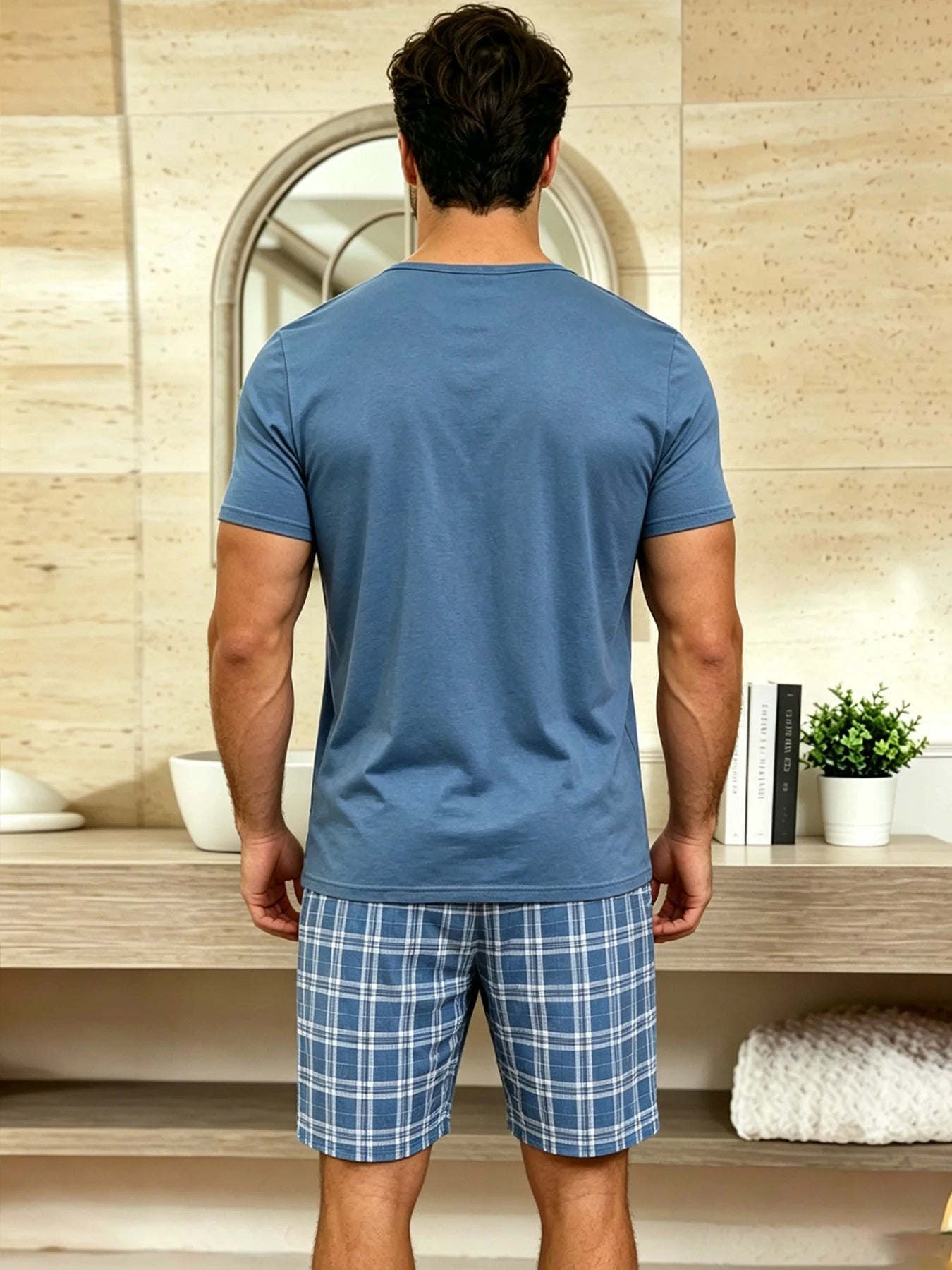 Herr Pyjamas Set Rutig – Kortärmad Topp & Shorts Hudvänlig Avslappnad, 11 Färger S–4XL