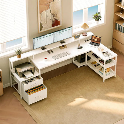 Coleshome desk with Drawers, 189.3 × 100cm Reversible Corner desk Large with 2 sockets & USB Charging Port, White
