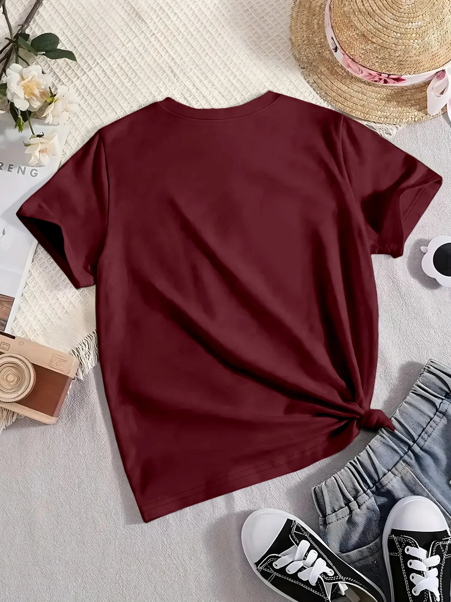 Women's Oversized V-Neck T-Shirt Solid Color Short-Sleeve Curved Hem Soft Fabric Black Gray Navy