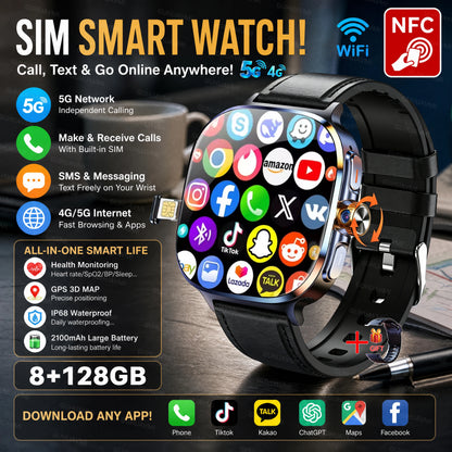 2026New 5G SIM Smart Watch 2.4" AMOLED 8+128GB GPS+NFC WIFI 1000W HD Camera IP68Waterproof Health Monitor Android Smartwatch Men
