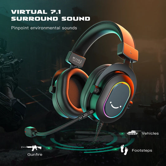Fifine Gaming Headset Over-ear – 7.1 Surroundljud RGB USB Avtagbar Mikrofon 3 EQ-lägen PC PS4 PS5