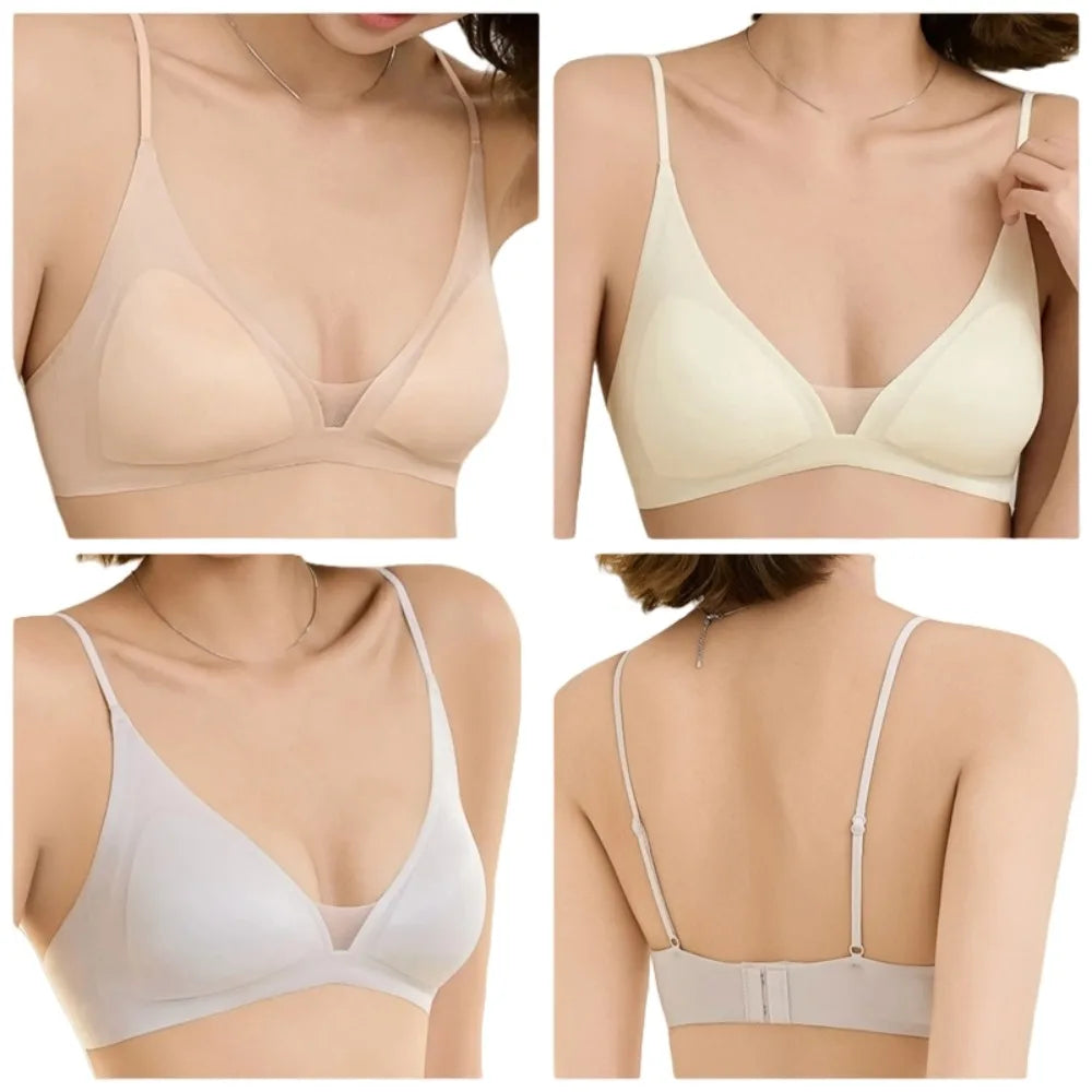 Thin Satin Wireless Deep V Bra Shockproof Anti-sagging Push Up Underwear Gathered Breasts Lingerie Seamless Bras Summer Spring