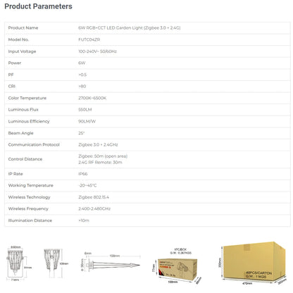 Miboxer FUTC04ZR Zigbee 3.0 + 2.4GHz RF – Smart RGB+CCT LED Trädgårdslampa 6W, Vattentålig, Tuya