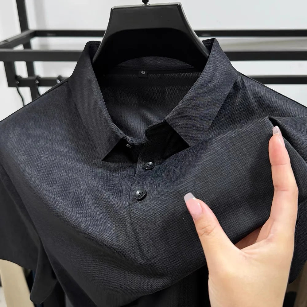 High end ice silk seamless short sleeve POLO shirt men's 2024 summer new fashionable jacquard silk breathable lapel T-shirt