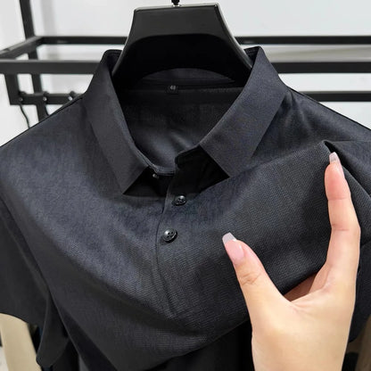 High end ice silk seamless short sleeve POLO shirt men's 2024 summer new fashionable jacquard silk breathable lapel T-shirt