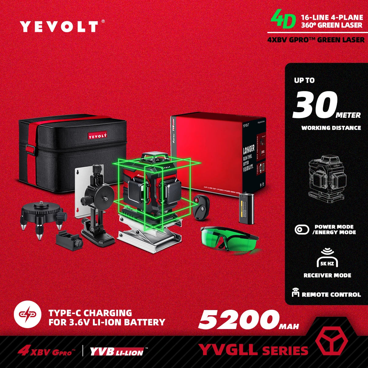YEVOLT YVGLL4XS16 Grön Lasernivå 4D – 4 Plan, 16 Linjer, 3Ah/5,2Ah Batteri, Självnivellerande