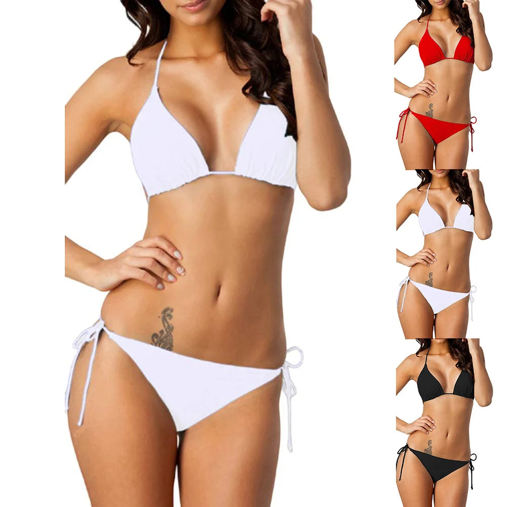 Women Sexy Solid Bikini Set Tie Side Bathing Suit Triangle Top Thongs Swimsuits 2025 Woman Beachwear Bather Swim Wear