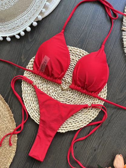 Sexy Halter Solid Color Low Waist Bikini Set Women's Swimsuit Two-piece Triangle Thong Swimwear Bathing Suit Brazilian Biquinis