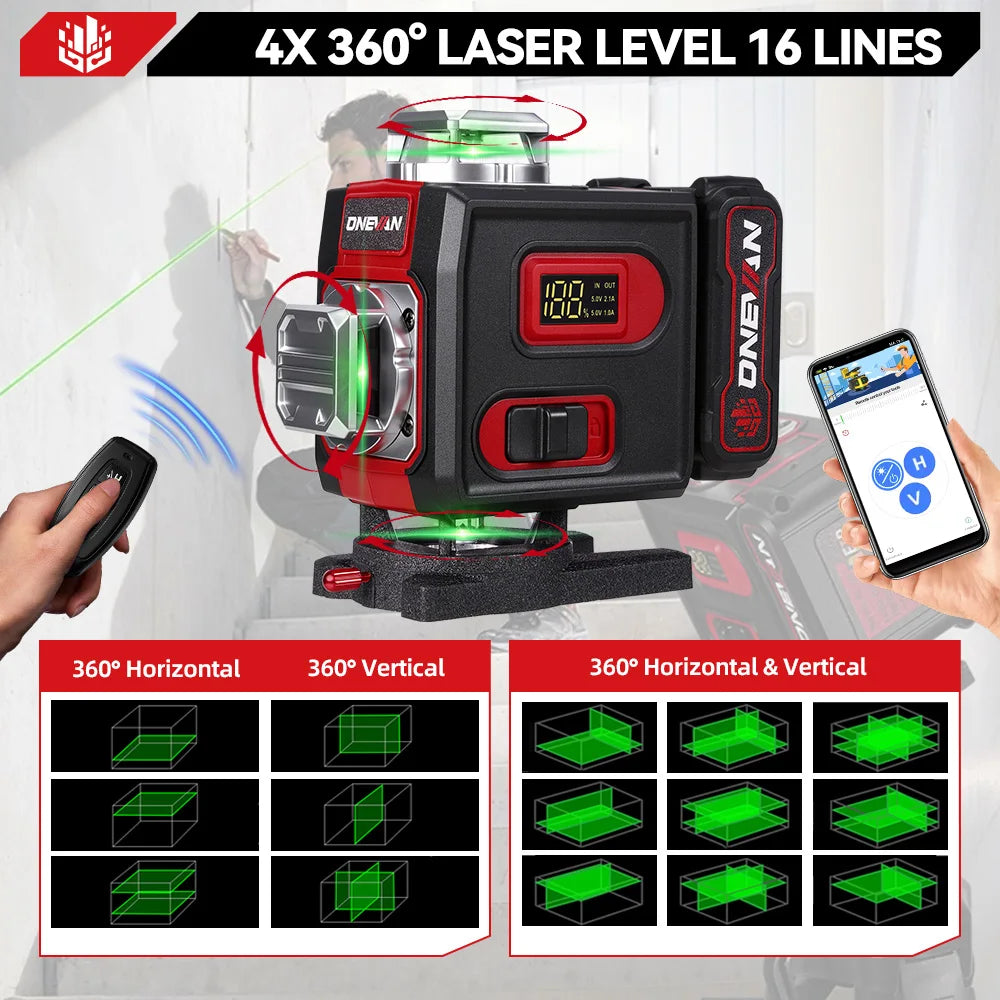 ONEVAN 4D 16 Lines Leveling Laser Levels Portable Rechargeable Professional Horizontal And Vertical Level With Tripod Power Tool