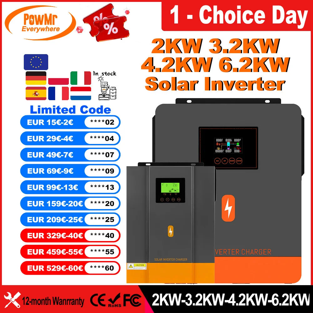 PowMr Hybrid Solväxelriktare 2kW–11kW – Ren Sinusvåg MPPT 120A 12V/24V/48V 220V LiFePO4/Litium/Blåsyra WiFi EU-lager CE