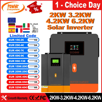 PowMr Hybrid Solväxelriktare 2kW–11kW – Ren Sinusvåg MPPT 120A 12V/24V/48V 220V LiFePO4/Litium/Blåsyra WiFi EU-lager CE
