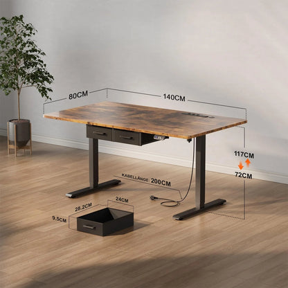 120/140/160/180cm Electric Height Adjustable Desk, Heavy-Duty Large Sit-Stand Table, Gaming Desk with Power Outlet & Drawer