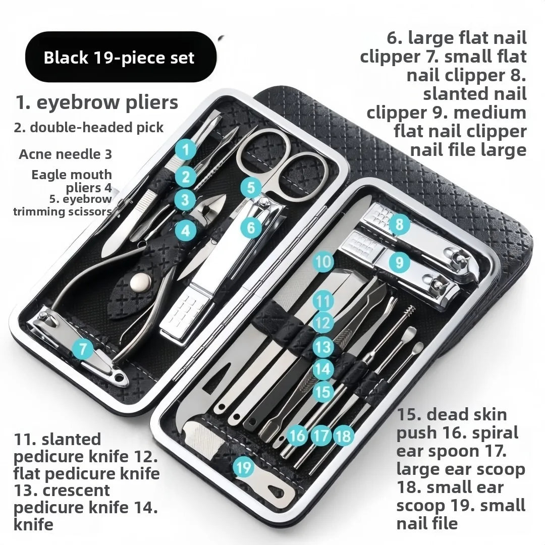 Stainless steel nail clipper set of 19 pieces, diagonal nail clippers, pedicures, ear picks, spoons, nail art set