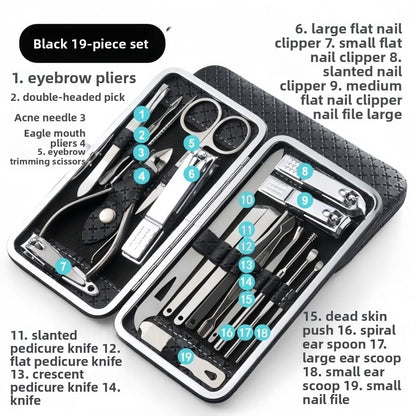Stainless steel nail clipper set of 19 pieces, diagonal nail clippers, pedicures, ear picks, spoons, nail art set