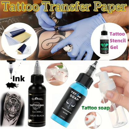 Tattoo Transfer Stencil Kit Black Tattoo Ink Transfer Gel Lotion Stencil Paper Ink Cups Gloves Blue Lotion Set
