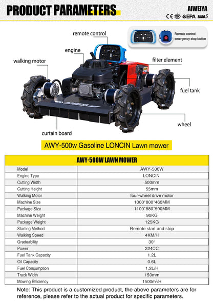 Fjärrstyrd gräsklippare med bensinmotor och kompakt konstruktion